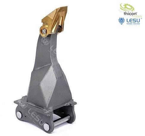 A 3D-printed model of an excavator bucket attachment with a bronze-coloured tip and silver handle, displayed on a white background.