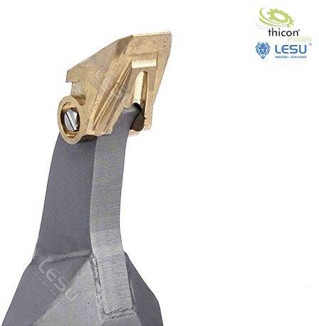 A model building component in the shape of an excavator bucket tooth, with the logos of 'thicon models' and 'LESU' in the top right corner.