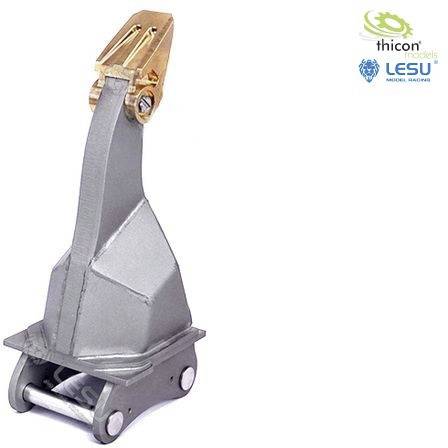 A silver metal gripper of a model construction functional unit. The device is secured with screws and has a joint for movement.