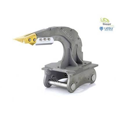 'Model robotic arm with yellow tip on grey base. Manufacturers' logos in the corner.'