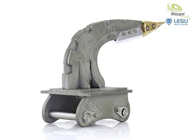 A model replica of a mechanical robotic arm made of metal, shown with a curved arm and a narrow, pointed end.