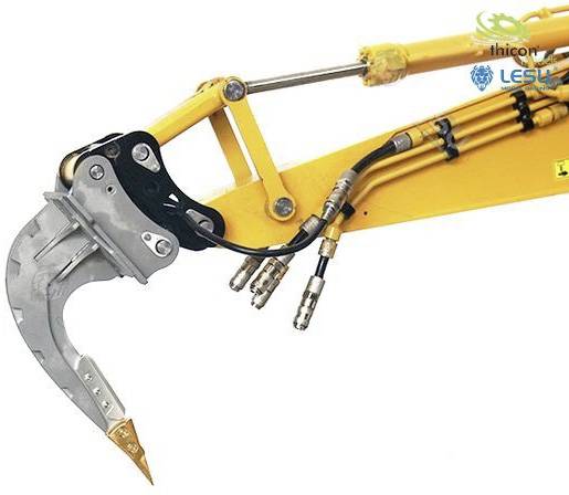 Close-up of a yellow excavator arm with a hydraulic grab and pipelines. Company logos for Thicon and Lesu in the top right corner.