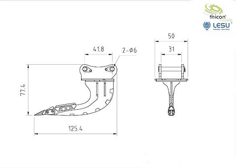 Technical drawing of a component with dimensions: length 125.4 mm, height 77.4 mm, width 50 mm. Markings and drill holes are visible.