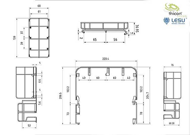 Technical drawing of a component with dimensions in millimetres. Different views are shown: front, side, and top.