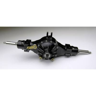 Black differential gearbox with metallic levers and screws. It has two axes and is placed on a light background.