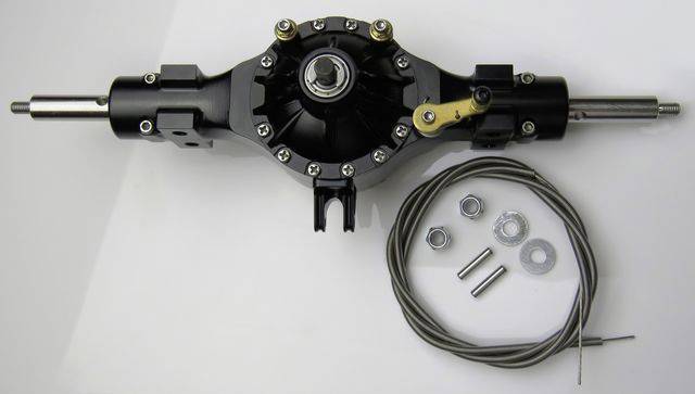 'A model of an axle with differential, screws, nuts and cables. Used to illustrate automotive parts.'