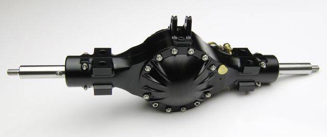 A black differential housing with two silver axle ends on a white background.