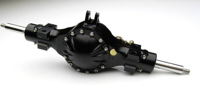 A black differential gearbox with metal components, symmetrically arranged and secured with bolts, reveals technical details.