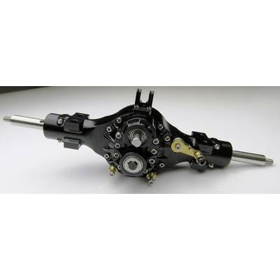 Black mechanical component, likely a differential gear, on a white background. Screws and gears are visible.
