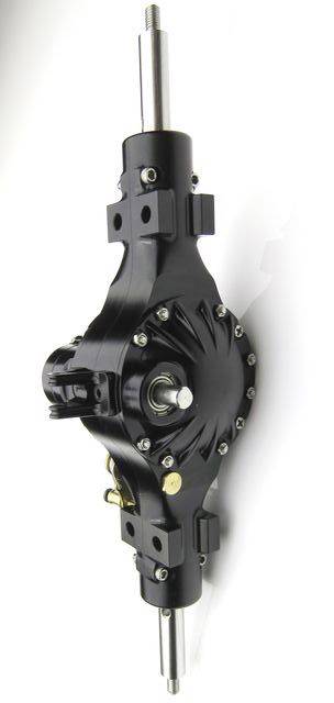 'Black differential housing with multiple screws and two protruding metal axles, mounted laterally.'