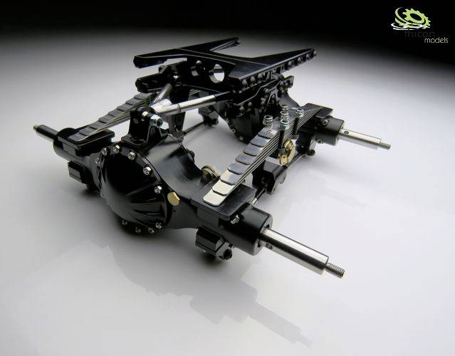 Metal construction with two parallel axes, gears, and levers on a white background. Possibly a model chassis or mechanical framework.