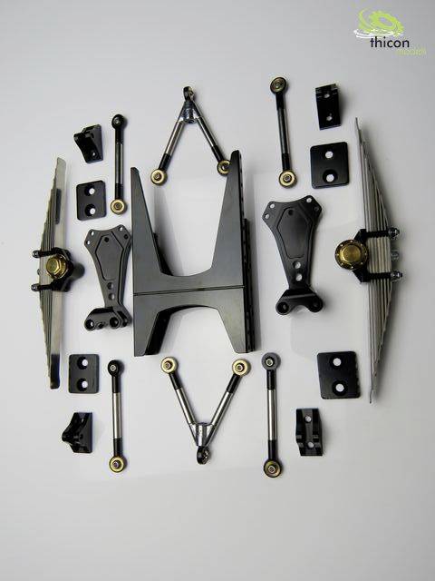 A set of metal parts and screws, symmetrically arranged on a white background. Primarily mechanical components.