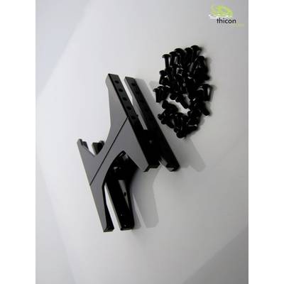 Black metal or plastic component with multiple black screws, set against a white background. Component part of a hardware assembly.