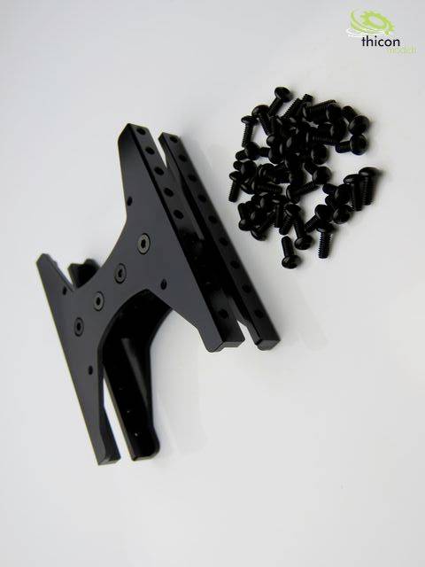 Black, L-shaped metal component with several black screws beside it on a light background.