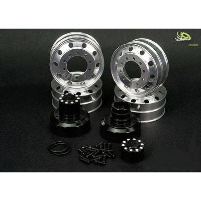 'Aluminium rims and black hubs on a black background. Screws and sealing rings are also depicted.'