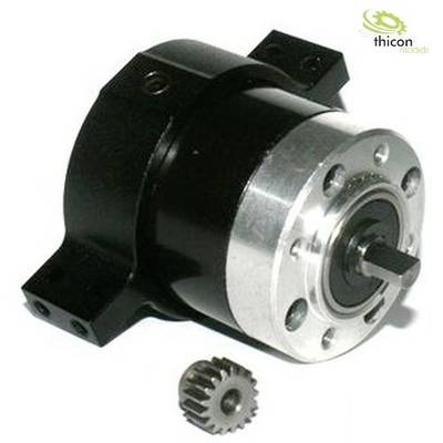 A black and silver electric motor with a gear wheel, commonly used in model making. Simple design, manufacturer's logo positioned in the top right corner.