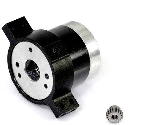 A black mechanical component with a metal flange and a small metal gear wheel beside it, likely for industrial application.