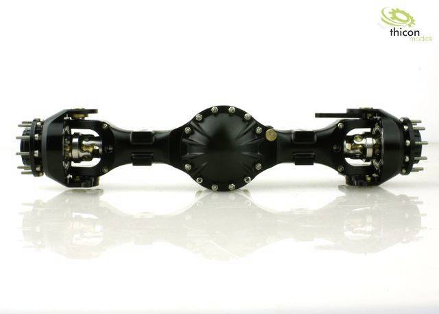 Black axle of a model vehicle with detailed suspension and drive components, shown on a white background.