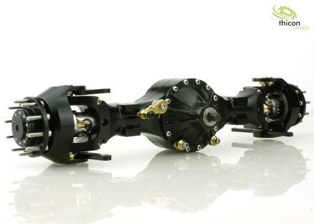Drive axle for a model vehicle on a white background. Detailed representation of mechanical components and construction.
