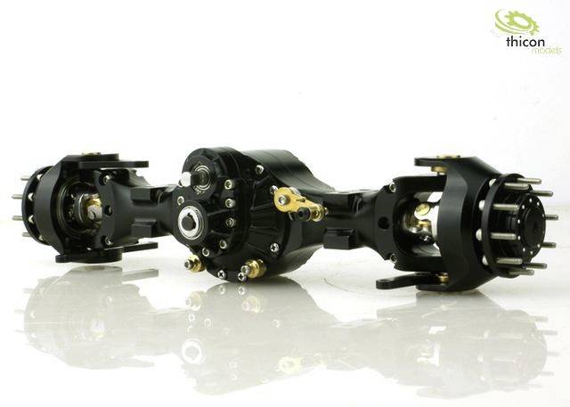 Black, detailed model-building axle for vehicles with drive mechanism and connecting elements, on a white background.