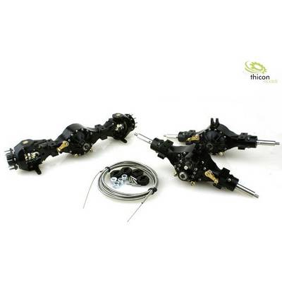 Two black axes and accessory parts, including cables and nuts, on a white background. Thicon Models logo in the top right corner.