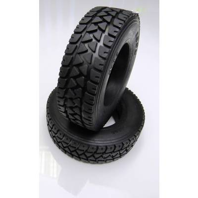 Two black, heavily treaded tyres stand upright on a light background, conveying an impression of stability and robustness.