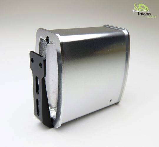 Metallic product enclosure with rounded edges and a black mounting bracket, against a light background.