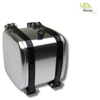 A silver fuel tank with black mounting brackets. A filler cap is located on the top. A 'thicon models' logo is positioned in the top right.