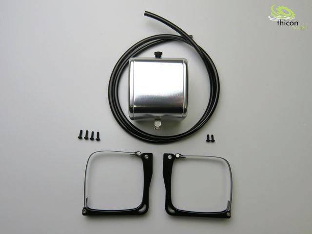 A set of parts for a model-building project: Two metal frames, a metal container with a hose and small screws.