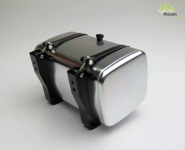 This is a rectangular black container with a silver central section, mounted on a white background.