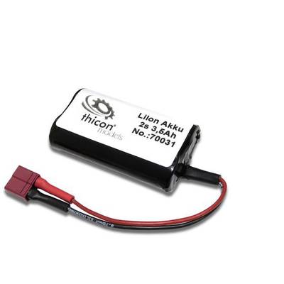 A black lithium-ion battery with the inscription 'thicon models LiIon Battery 2S 3.6Ah' and a red connection lead.