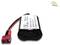 Black battery with cable and red plug. Label displays specifications such as voltage and capacity. Brand logo in top right corner.