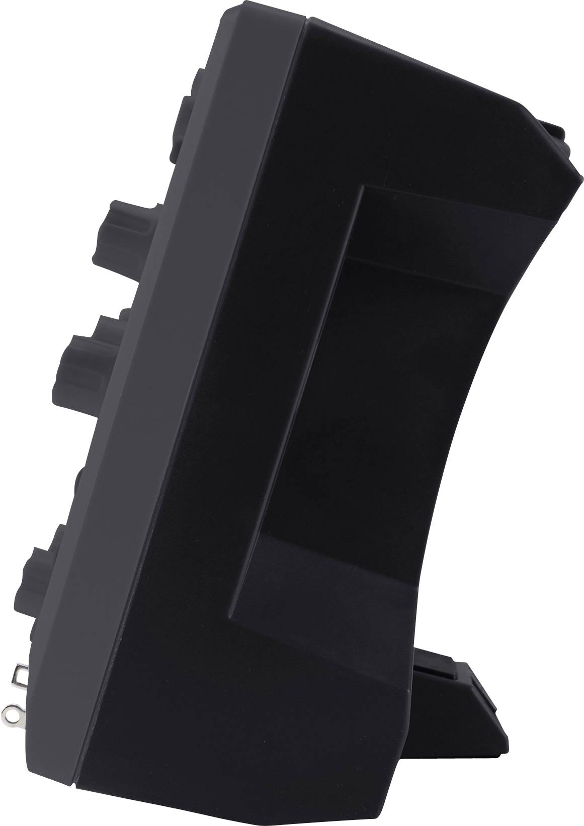 Side view of a black electronic device with multiple buttons on the front panel and a carrying handle.