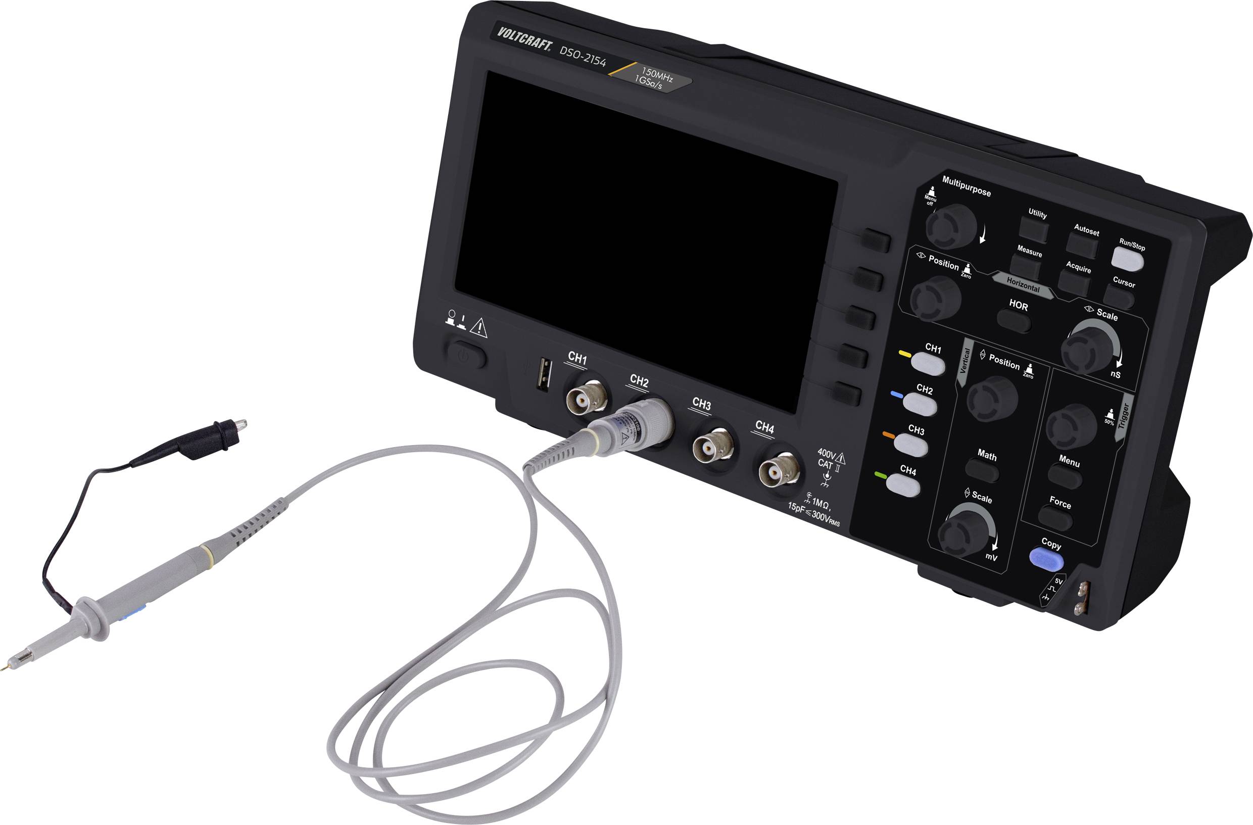 Digital oscilloscope with display and control buttons, with a measurement probe connected. Device is used for measuring signal waveforms.