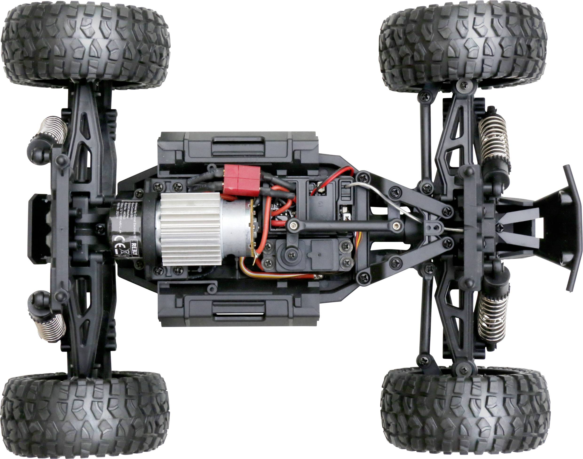 Top view of a remote-controlled car without bodywork, showing the motor, cables, suspension, and large, treaded tyres.