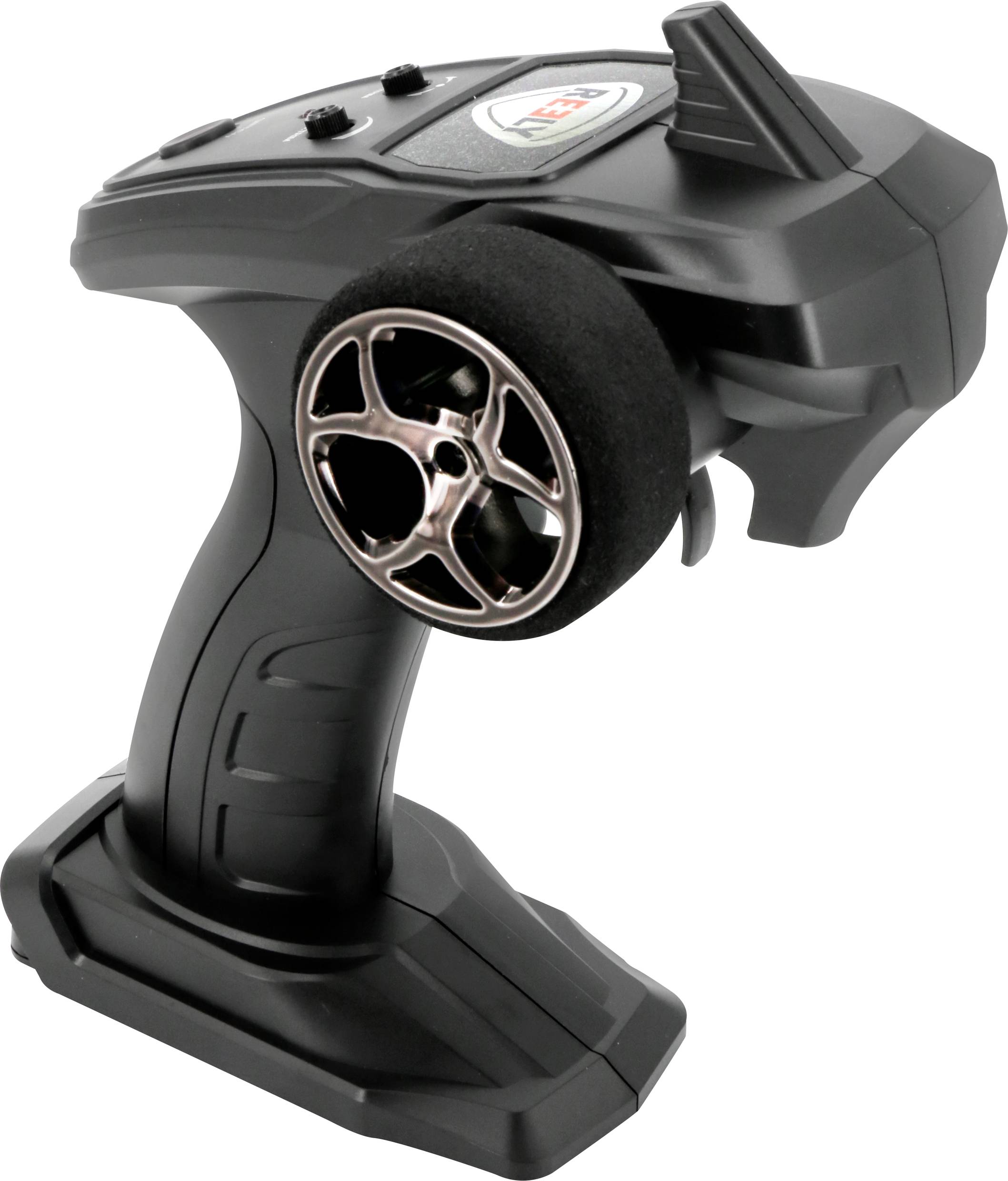 A black remote control with a wheel for remote-controlled models, featuring multiple buttons for control and a handle for easy handling.