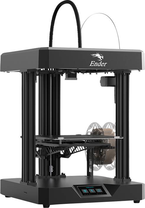 A black 3D printer with a metal frame. A reel of filament is visible in the background.
