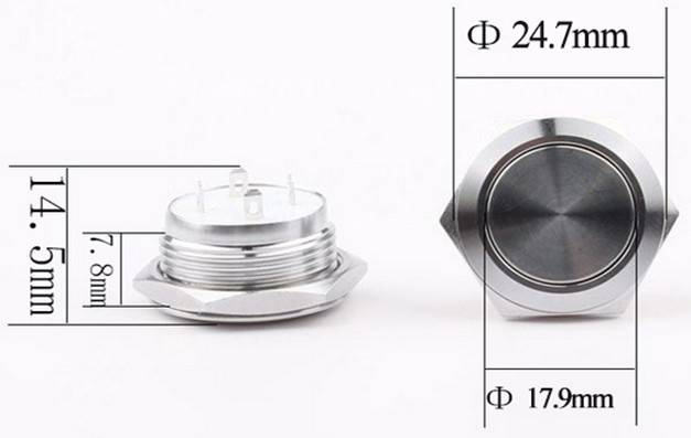 Two metallic push buttons, one shown from the side and one from above. Dimensions: Height 17.9 mm, diameter 24.7 mm.