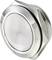 A round, metallic button with rounded edges and a reflective finish.
