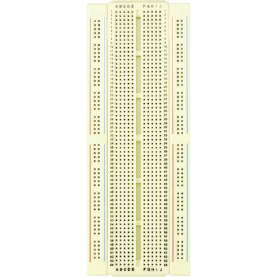 'Electronic breadboard with vertical and horizontal rows of holes for circuit construction. Labelled with letters and numbers.'