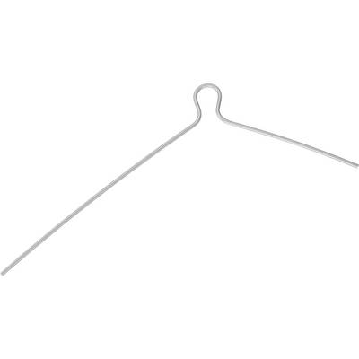 A simple wire coat hanger, triangular in shape, with a hook at the top. Suitable for hanging lightweight clothing.