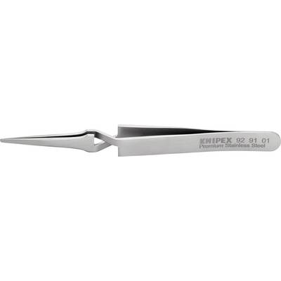 Silver curved tweezers made of stainless steel with the inscription 'KNIPEX 92 91 01 Premium Stainless Steel'.