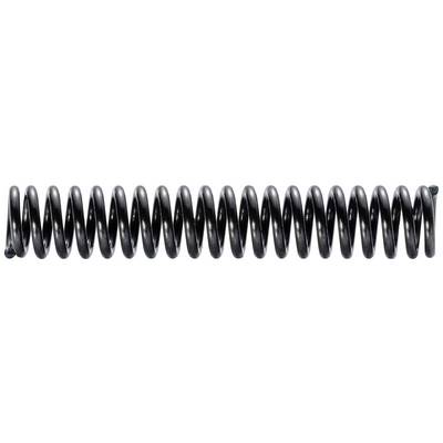 A long, dark metal spring, positioned horizontally.