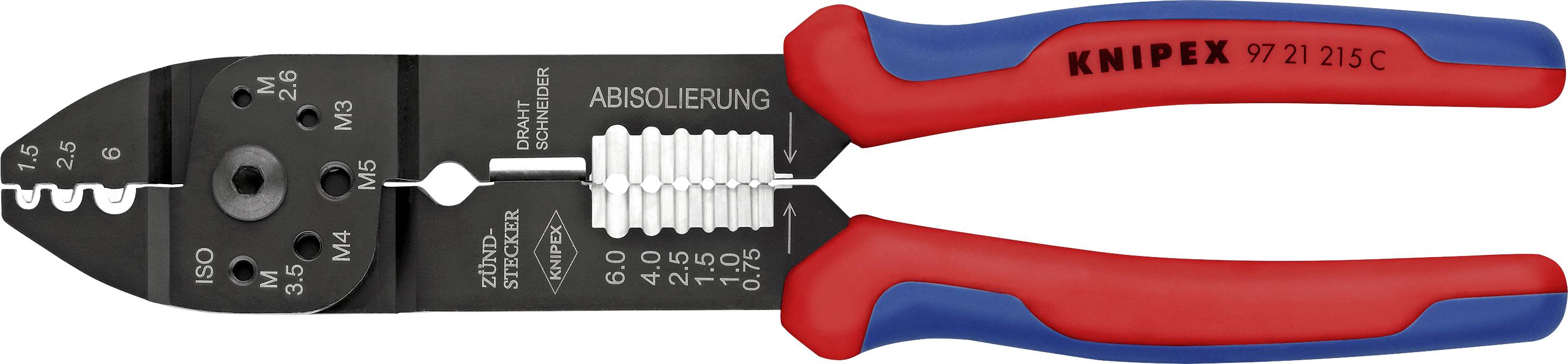 Wire stripping pliers by Knipex with red and blue handles, suitable for cutting and stripping wires of various sizes.