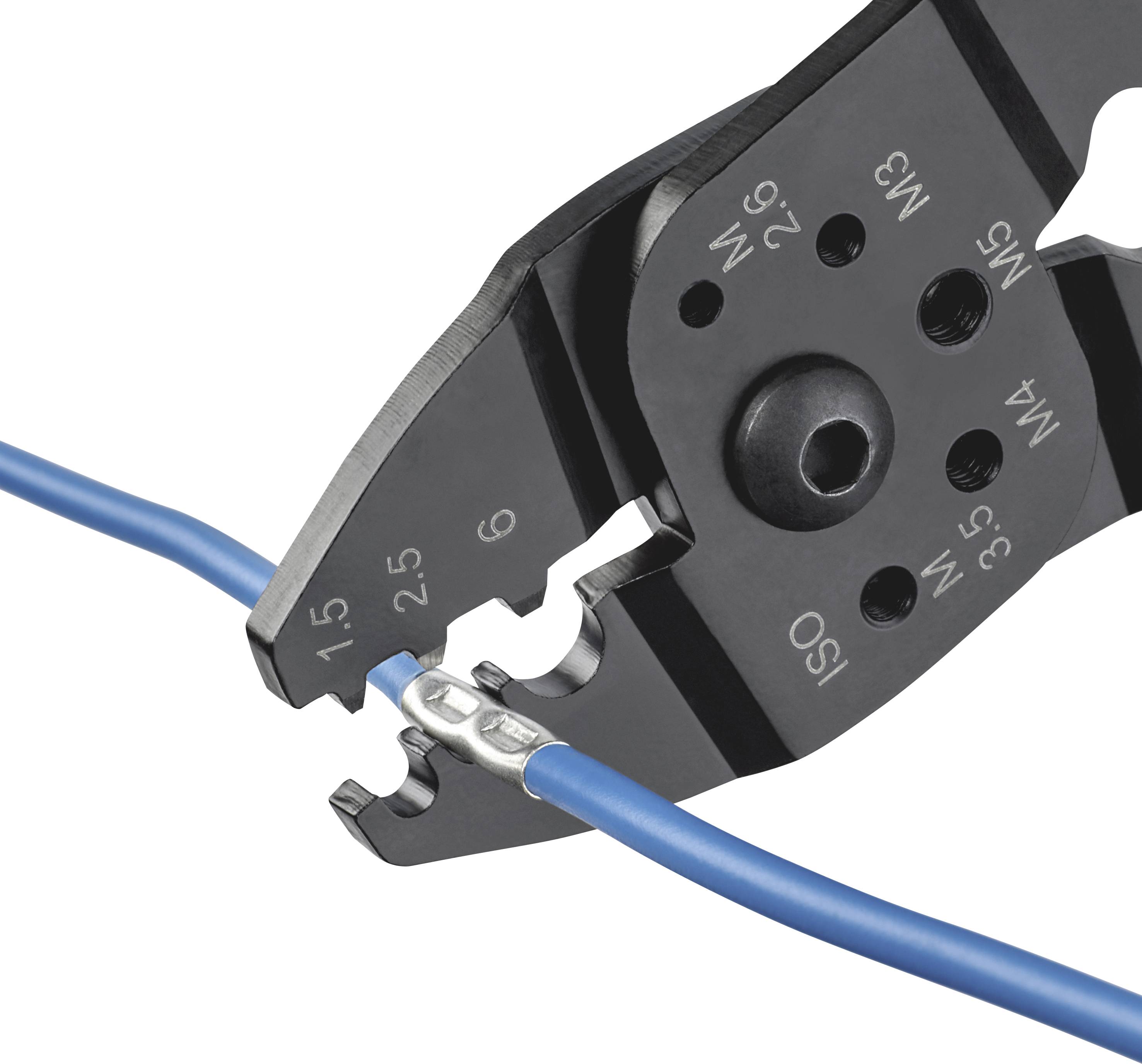 Pliers grip a blue wire, used for fastening cable connectors. Markings indicate sizes, ranging from 0.5 to 6.