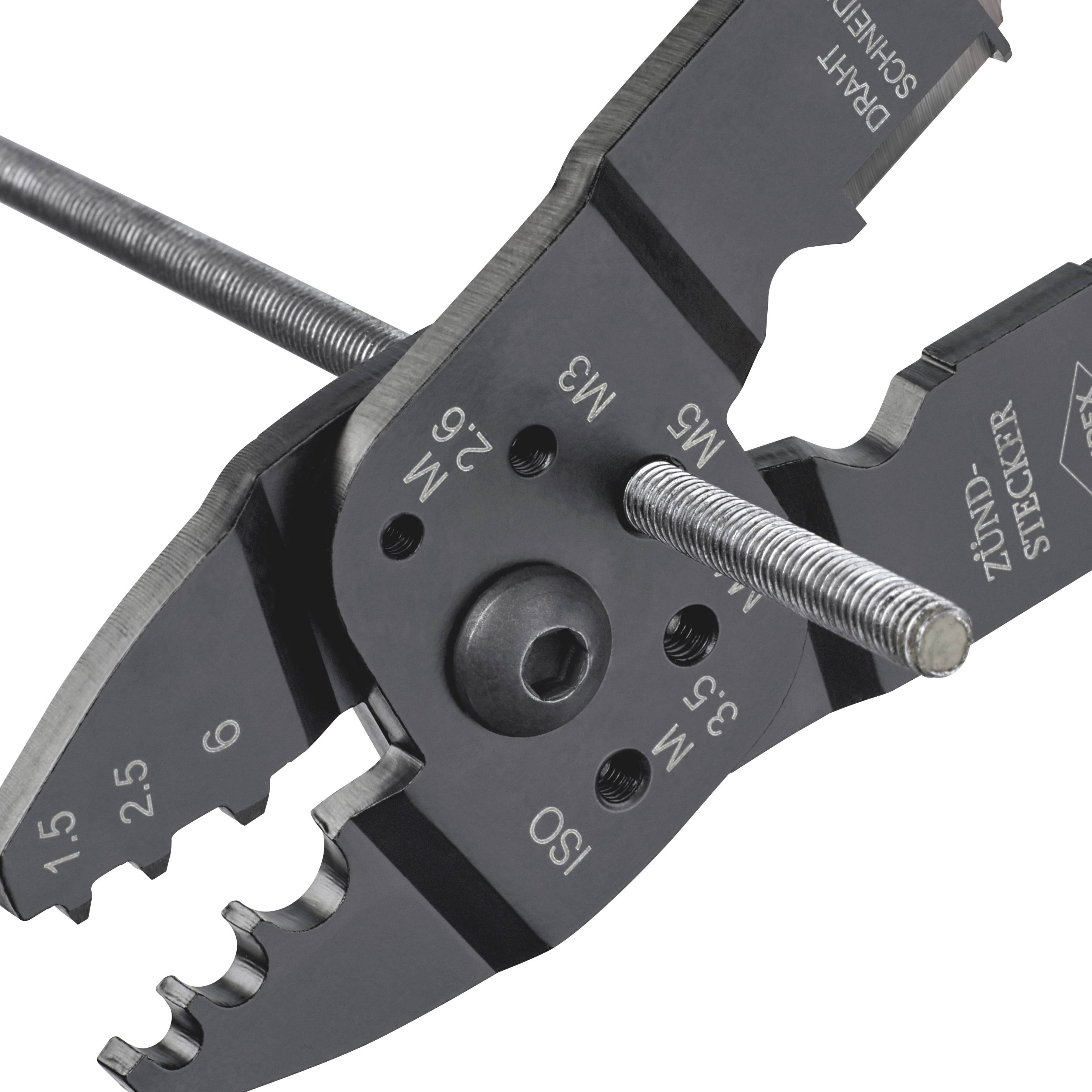 Close-up of a pair of pliers with various cutting and wire stripping functions. Markings indicate sizes and dimensions.