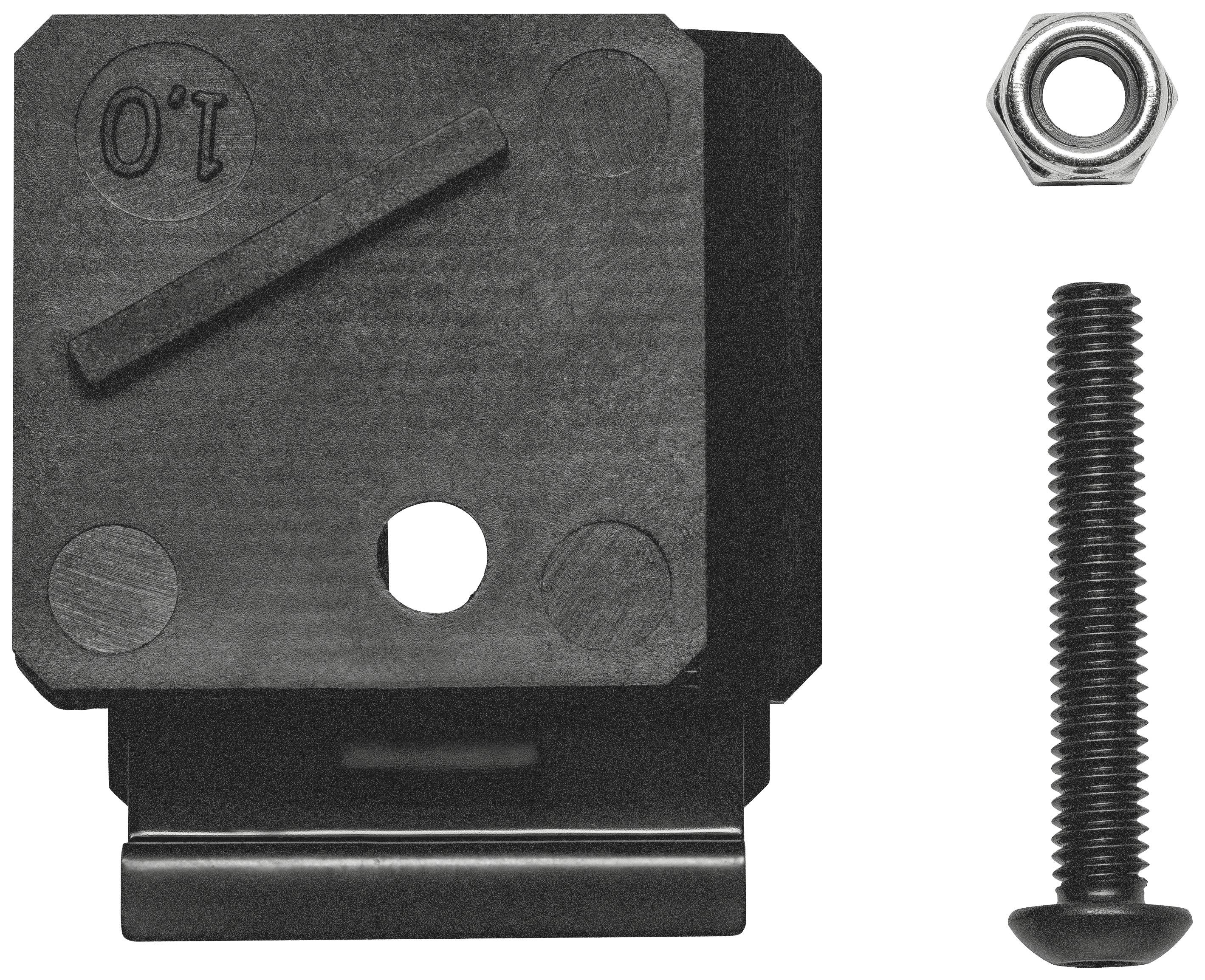 A black, square metal component with a diagonal shaft, alongside a screw and a nut.
