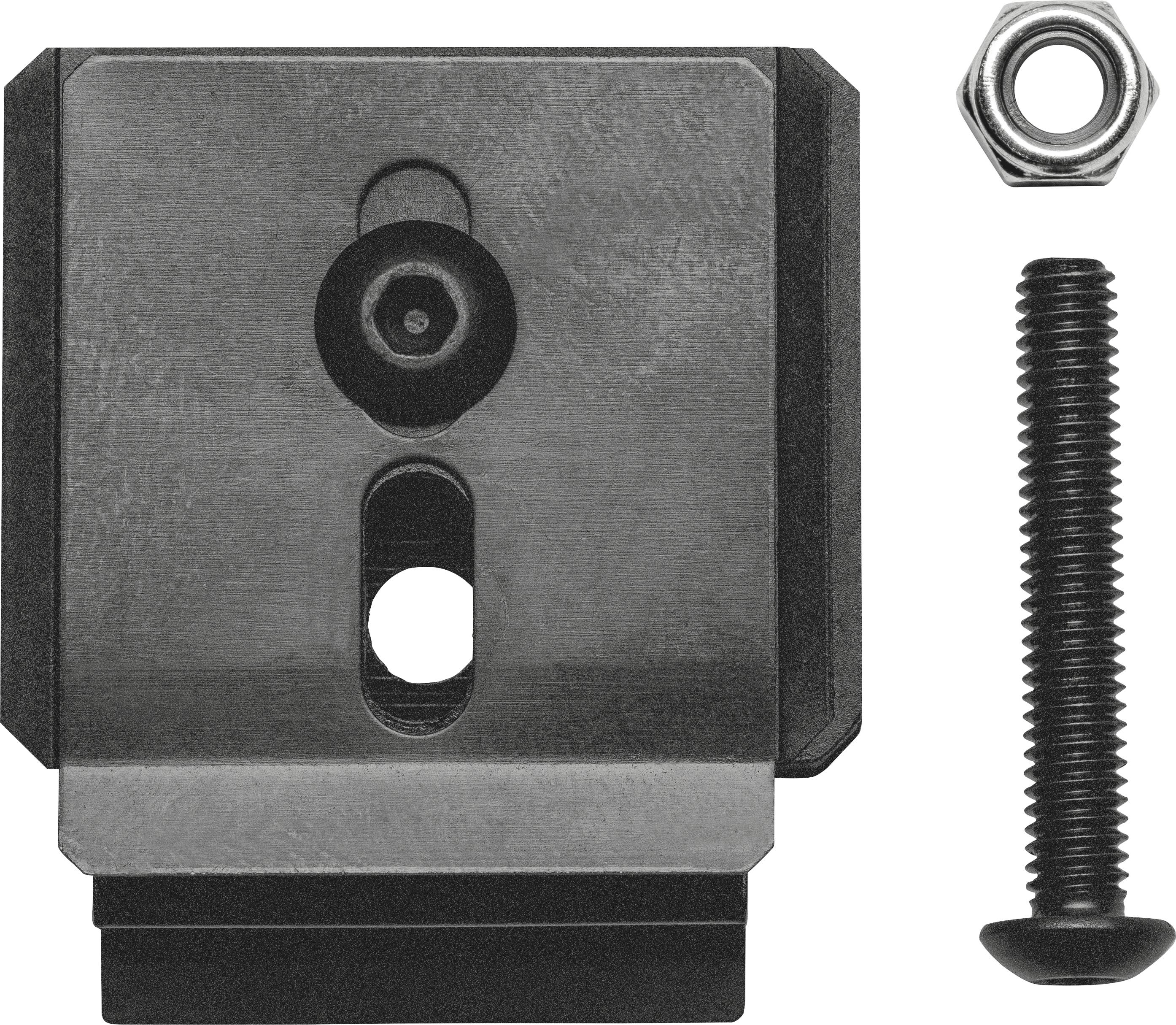 Metal bracket with individual screw and nut components, suitable for mechanical or assembly work.