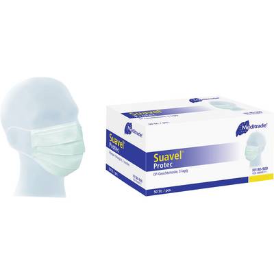 A mannequin is wearing a surgical face mask. Next to it is a package of masks with the label 'Suavel Protec'.