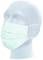 A plain, light blue medical face mask is shown on a model head, demonstrating wearing design and ear loops.